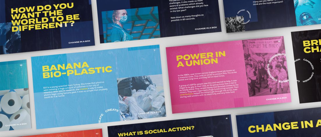 A selection of colourful presentation slides, explaining what social action is